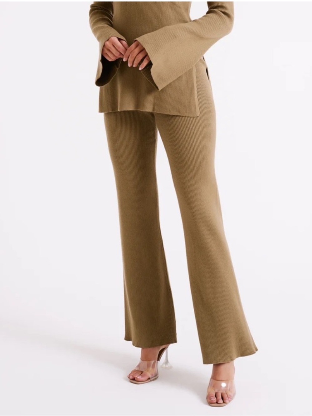 NWT Meshki Taupe Ribbed Flare Knit Pants